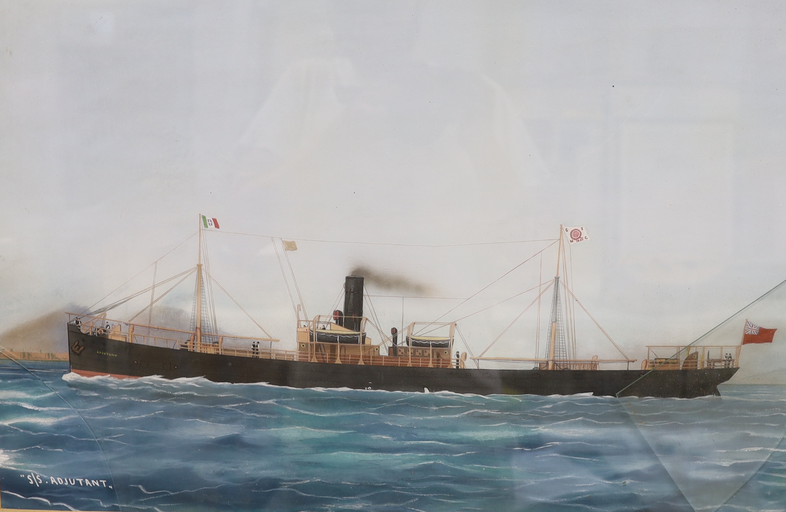 Neapolitan School, c.1900, gouache, The Steamship Adjutant, Great Northern Steamship Co., 41 x 63cm. Condition - poor, discolouration to the paper, glass broken